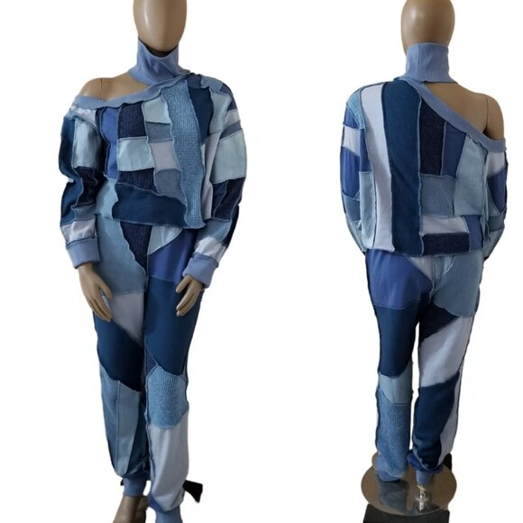 AKIRA 2-Pc Set Off Shoulder Sweater Top & Joggers Denim Patchwork 2X Blue - Picture 2 of 11